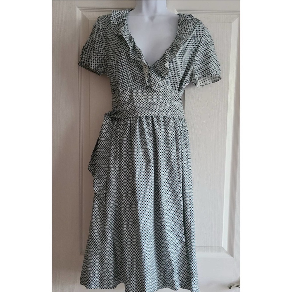 J.CREW 100% Silk Fontana Geo Printed Wrap Dress Size 6 Short Sleeves Blue Black